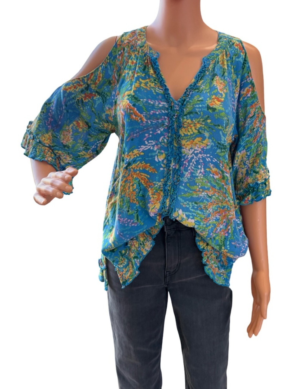 Democracy Boho Teal Blue Floral Cold-Shoulder V-Neck Top with ruffles